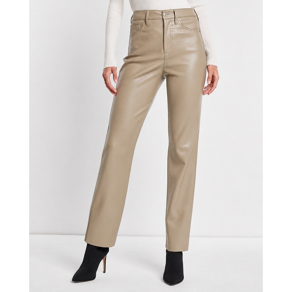 Express Faux Leather Pants Women 4L Beige Modern Straight Super Hi Rise Tall NWT